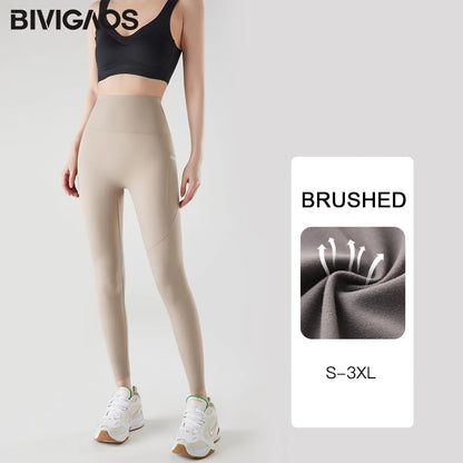 Pocket Brushed Shark Leggings Women Autumn Light Fleece Phone Leggings Slim Tight-Fit Sports Yoga Fitness Leggings