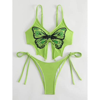 Butterfly Print Strapped Swimwear Women Tied High Cut Bikini Set Push Up Swimsuit Backless Summer Beach Bathing Suit Bathers