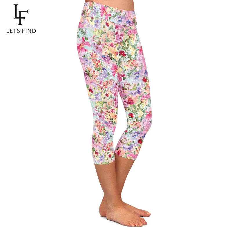 Floral Print High Waist Women Capri Legging Fitness Stretch Slim Mid-Calf 3/4 Leggings
