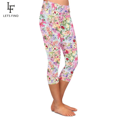 Floral Print High Waist Women Capri Legging Fitness Stretch Slim Mid-Calf 3/4 Leggings