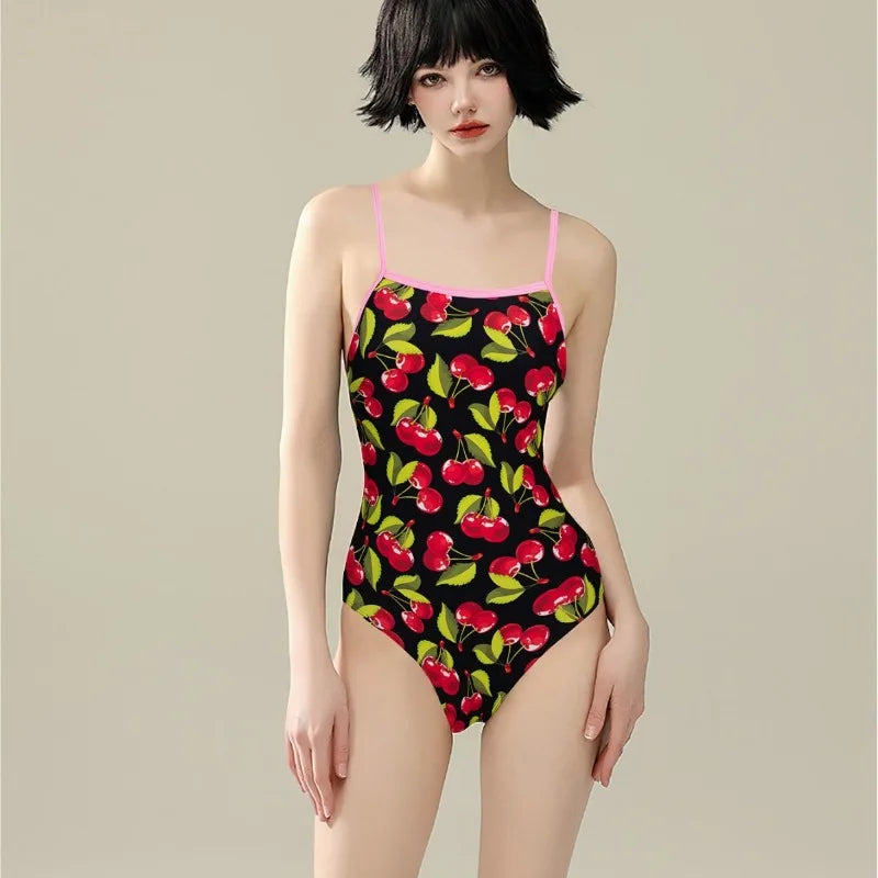 Women's Athletic One-piece Swimsuit Korean Version of the Nylon Fruit Print Slim and Thin Strap Halter Spa Swimwear Bathers Pool Squad