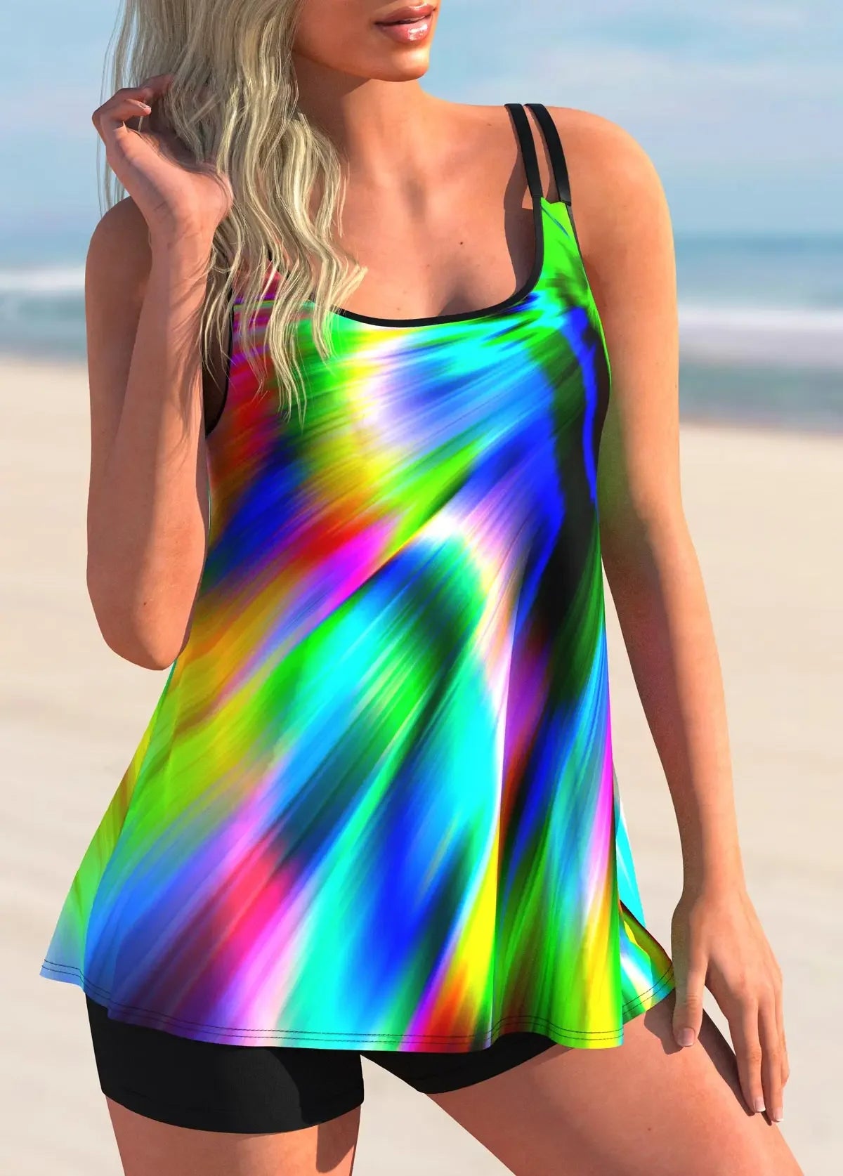 Women's Swimsuit Bikini Tank Top Two-piece Set of Colorful Curve Printed Holiday Beach Wear S-6XL