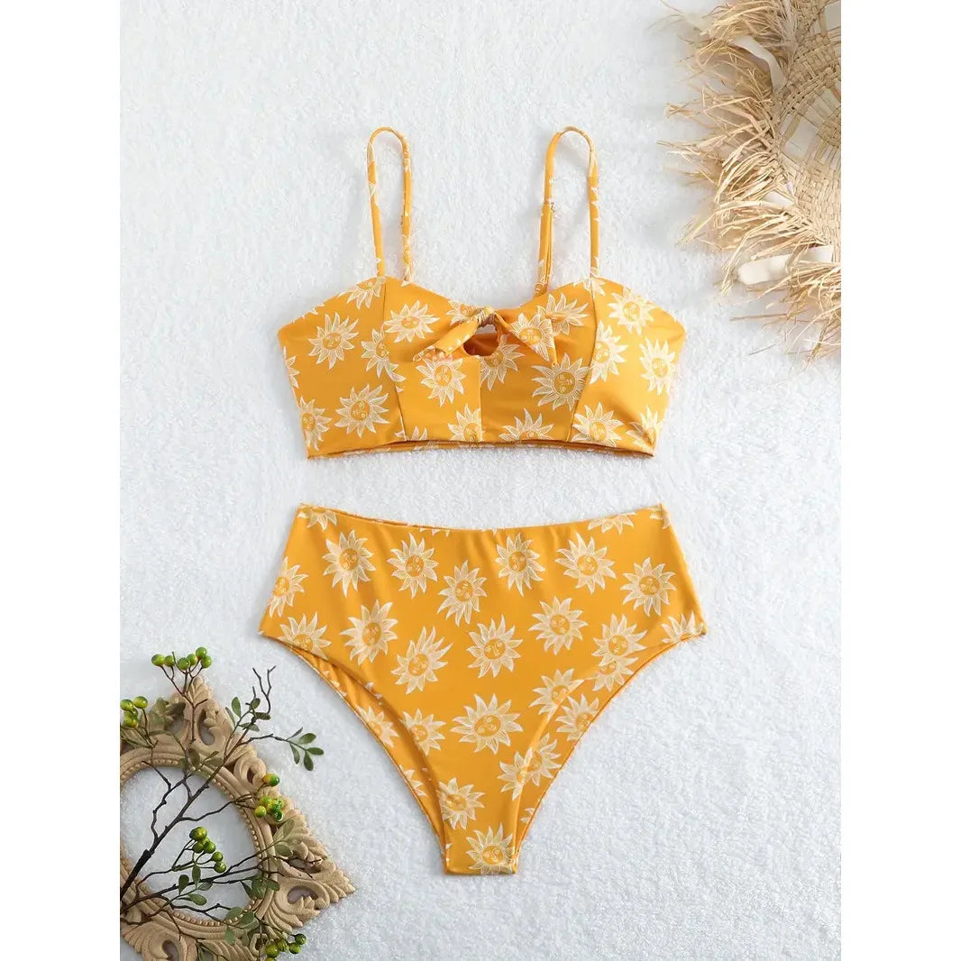 Solid Yellow Bikini High Cut Flower Women's Swimsuit Separate Beach Bathing Suit High Waist Swimwear