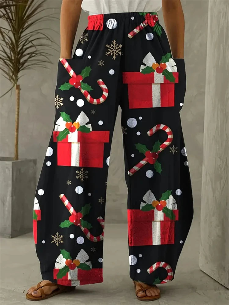 Women's Wide Leg Pants Christmas Tree Printed Trousers Women's Casual Christmas Gifts Elegant And Exquisite Pants