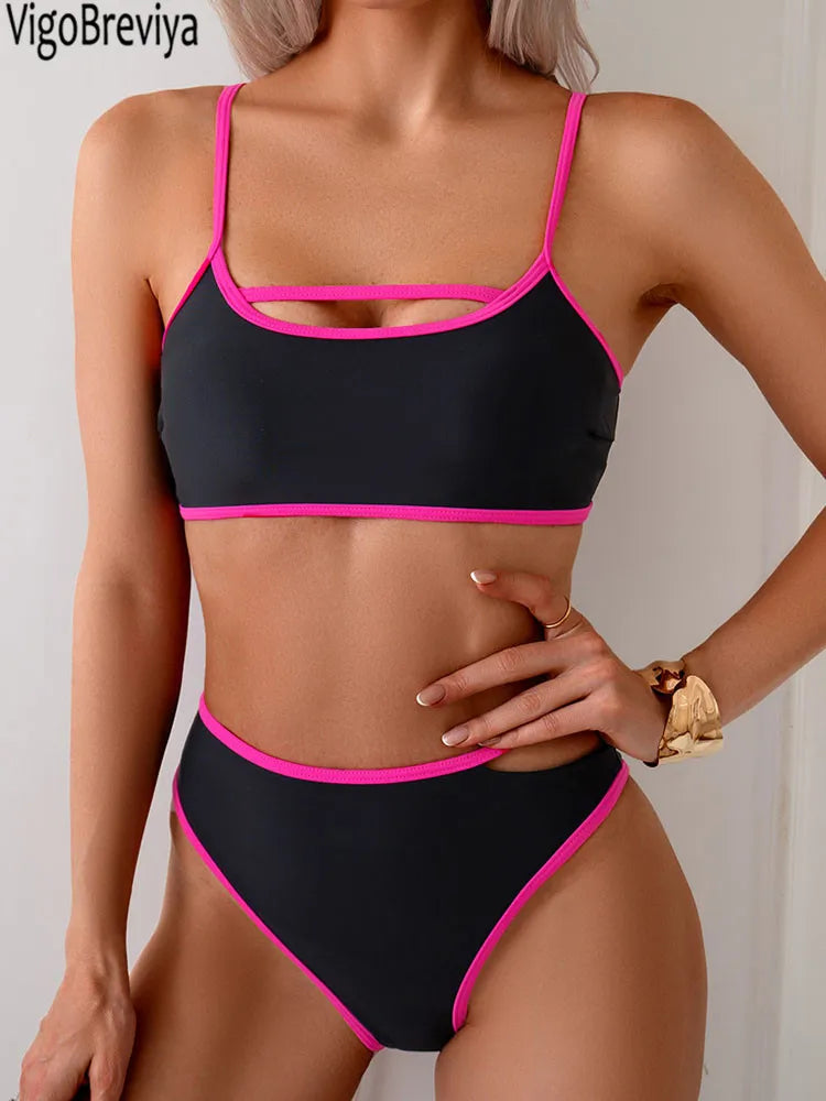 Women's Contrast-Trim Cut-Out Bikini Set