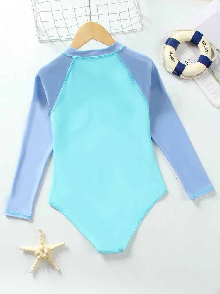 One Piece Kids Girls Swimsuit Solid Long Sleeves Bodysuit Children Swimwear Summer Monokini Beach Bathing Suit Swimming