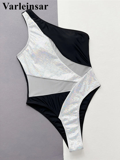 Splicing One Shoulder Shiny Sequins One Piece Swimsuit Women Swimwear Female Mesh Sheer High Cut Bather Bathing Suit Swim