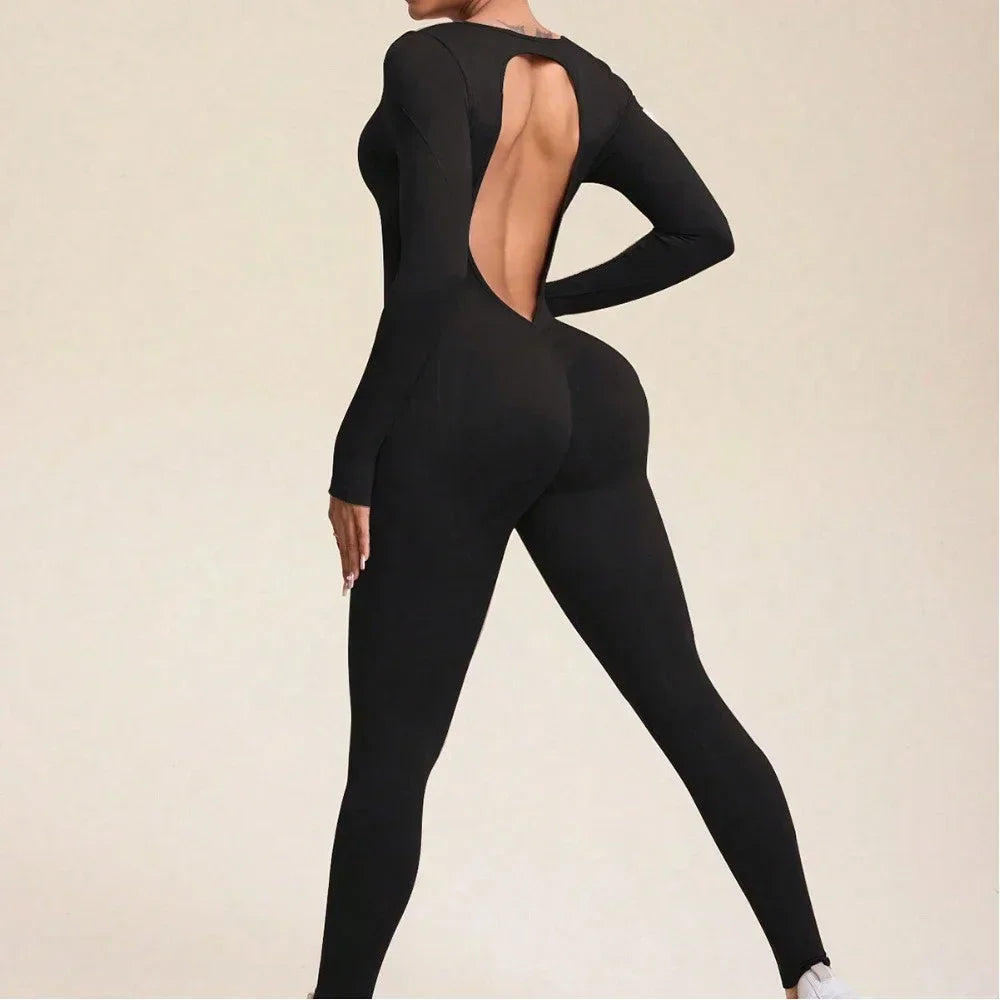 Women's Square-Neck Long-Sleeve Open-Back Workout Jumpsuit