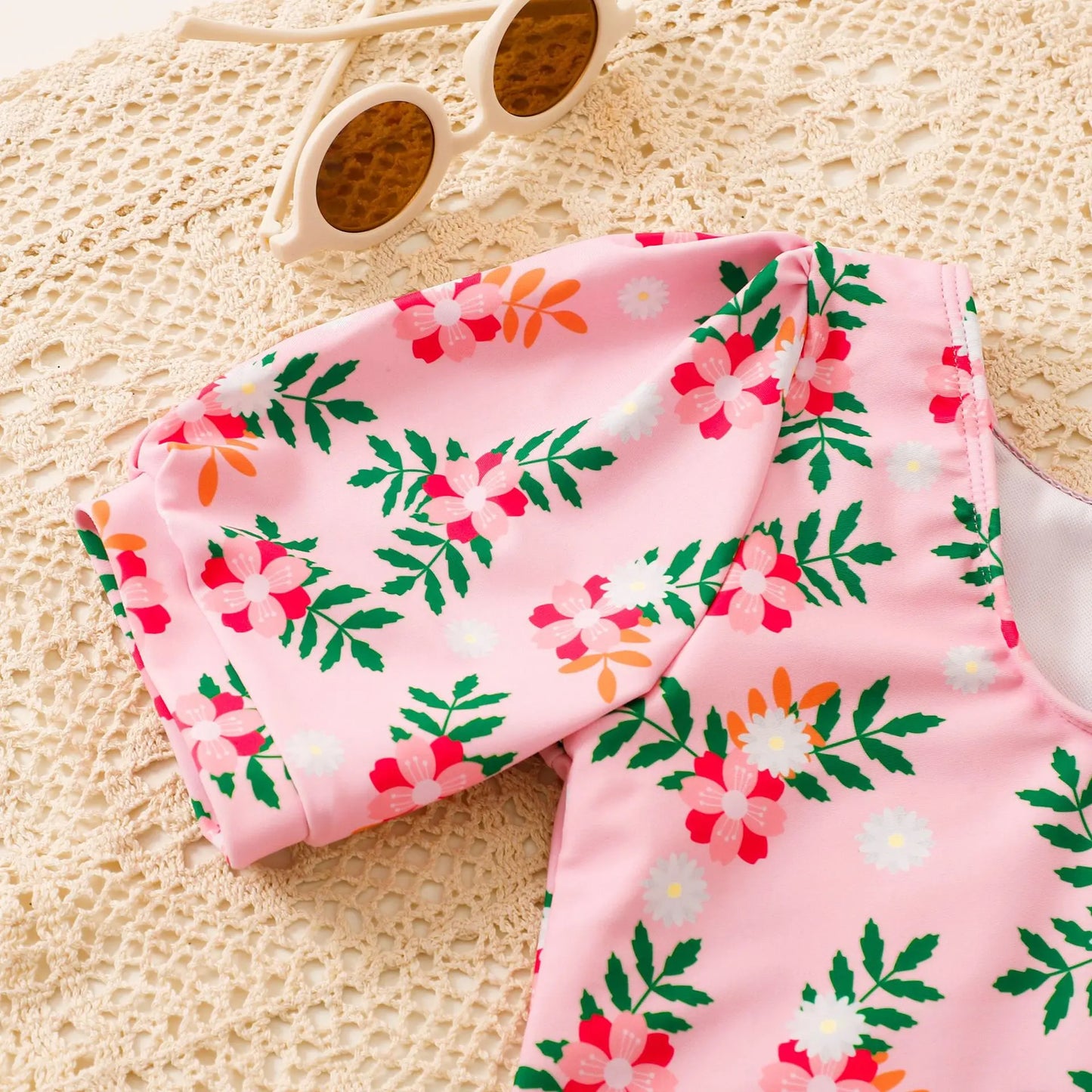 Retro Teenage Girls One Piece Swimsuit 7-12 Years Kids Swim Suit Short Sleeve Swimwear Beachwear Children's Bathing Suits Summer