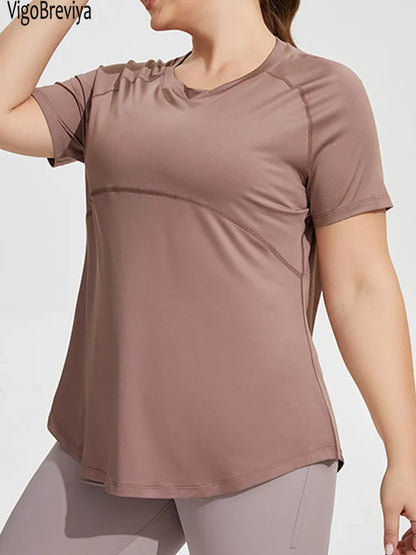 Women Solid Plus Size Yoga Top Loose Fitness Big Sports T-shirts Short Sleeve Gym Running Curvy Workout Tops
