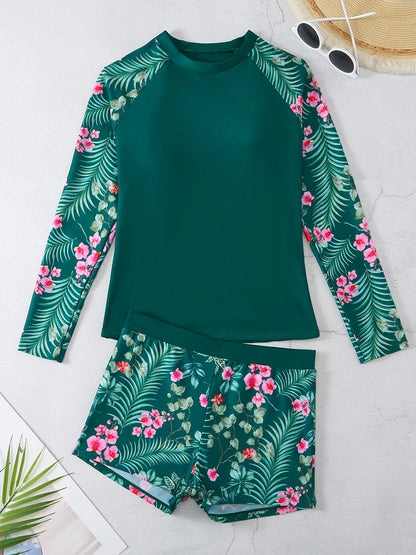 Long Sleeve Surfing Swimsuit Print Swimwear Women Two Pieces Diving Clothes Beachwear Bathing Swimming Swim Suit