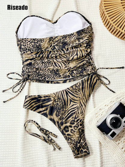 Womens Bandeau Bikini Set Strapless Leopard Two Piece Lace Up Bathing Suits High Waisted Swimsuits Beach Bikini
