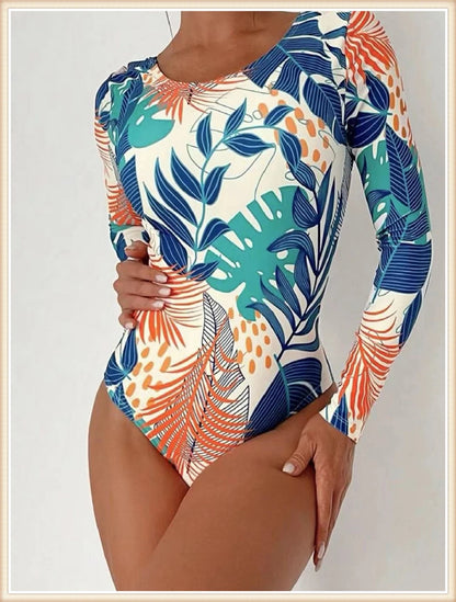 Surf Long Sleeve Swimsuit Women Back Cut Out One Piece Diving Clothes Swimwear Female Printed Bathing Swimming Bodysuit