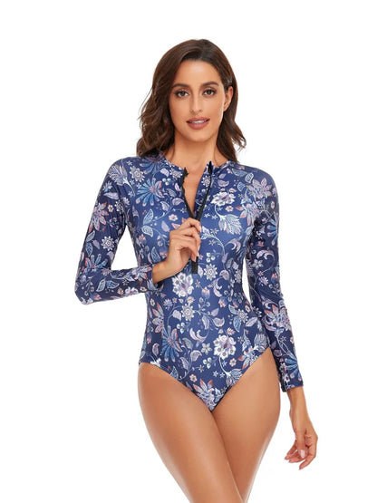 Long Sleeve Swimwear Women Rash Guard Zipper Surf suit Woman Swimsuit One-Piece Bathing Suit Beach Wear Monokini Bikini