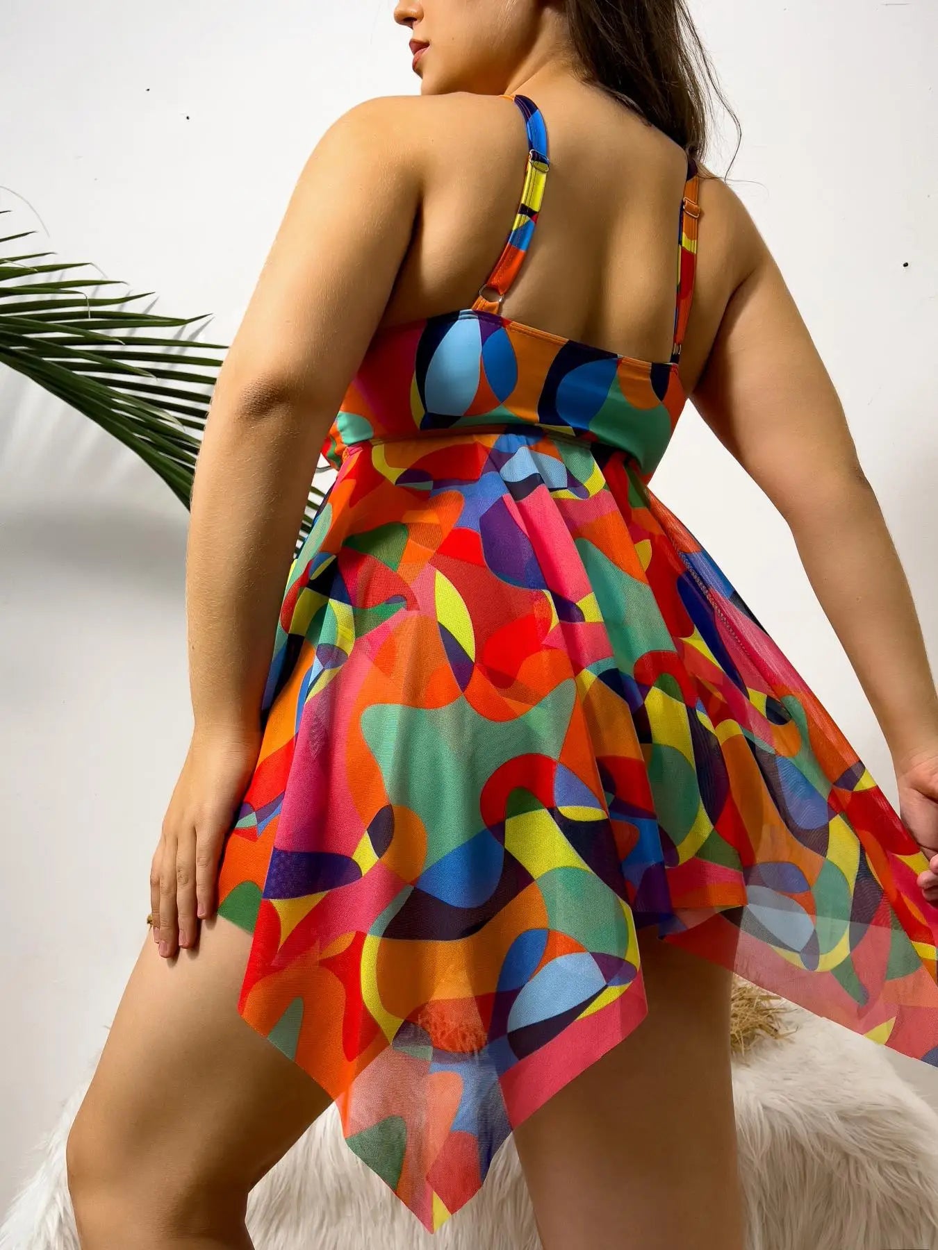 Color Print Strapped 2 Piece Plus Size Tankini Set Women Large High Waist Big Swimsuit Brazilian Lady Curvy Bathing Suit