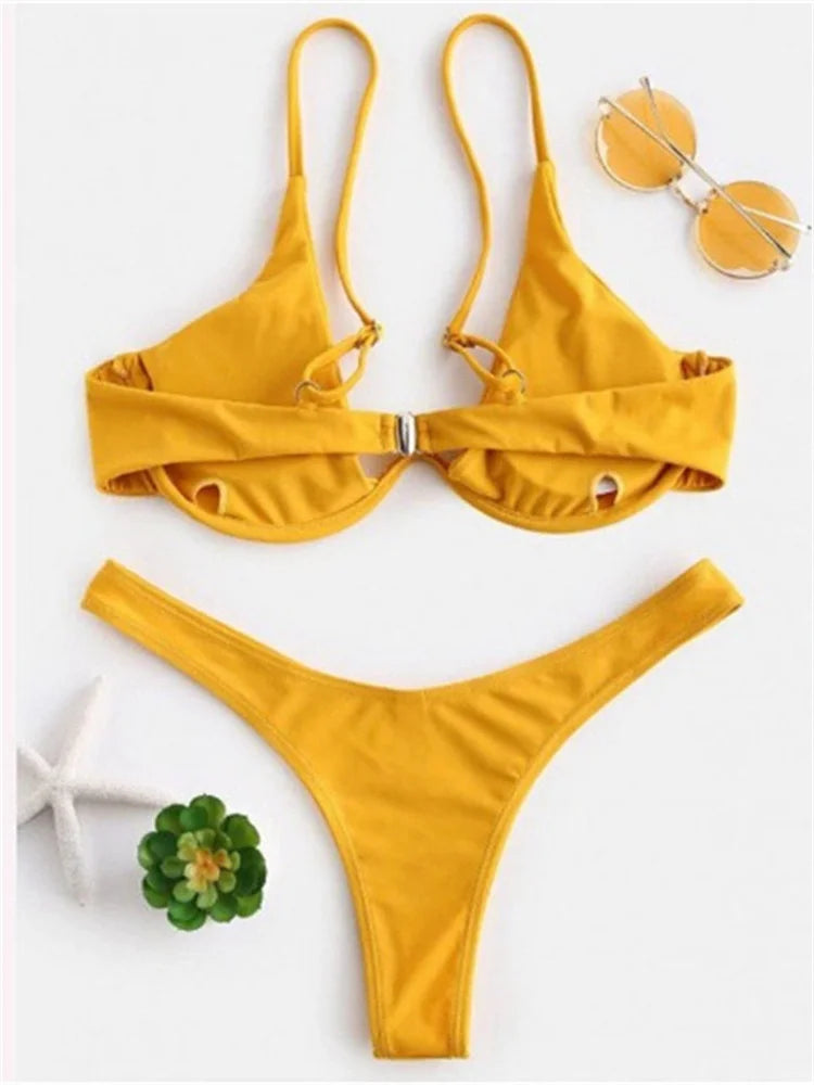 Bikini Women Solid Red Push Up Bra Thong Swimsuit Haler V Neck Bathing Suit Mini Micro Thong Swimwear