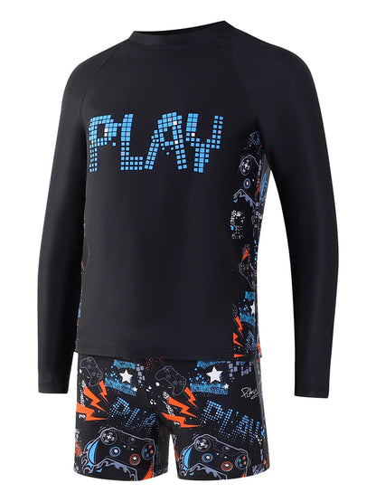 Boy Kids Swimsuit Solid Print Long Sleeves Two Piece Children Swimwear Summer Shorts Beach Wear Bathing Suit Swimming