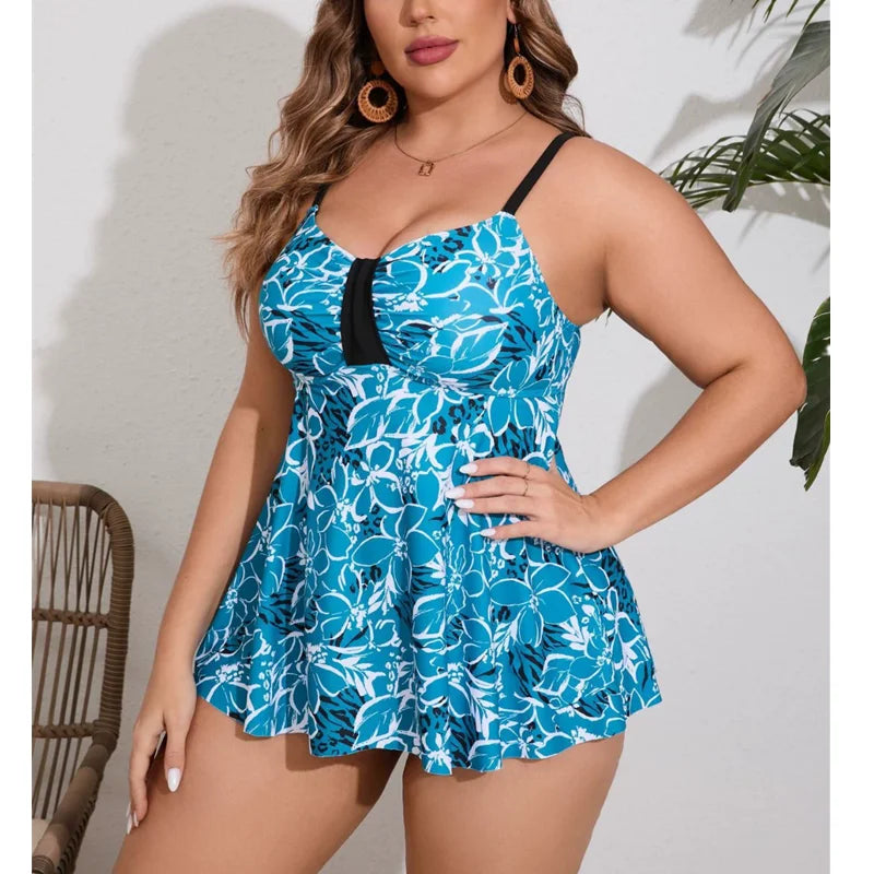 Plus Size Women's Swimsuit Printed 2 Pieces Tankini Set Conservative Swimwear Large Size Woman Bathing Suit