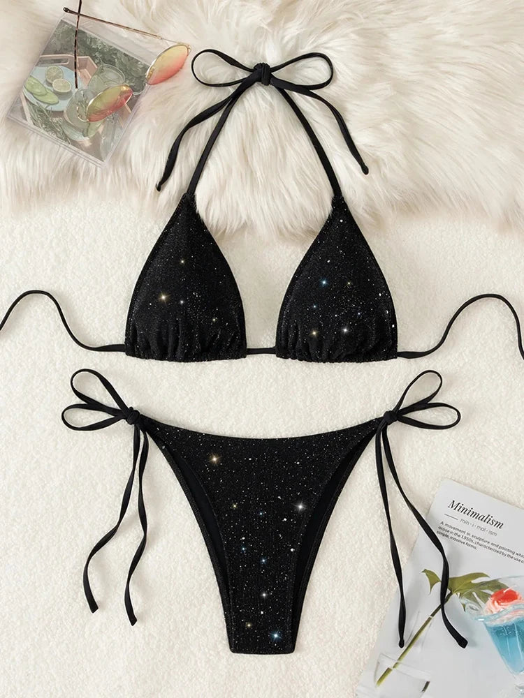 Swimwear Women Neck-mounted Bathing Suit Solid Glitter Bikini Set Lace Up Thong Summer Holiday Beachwear