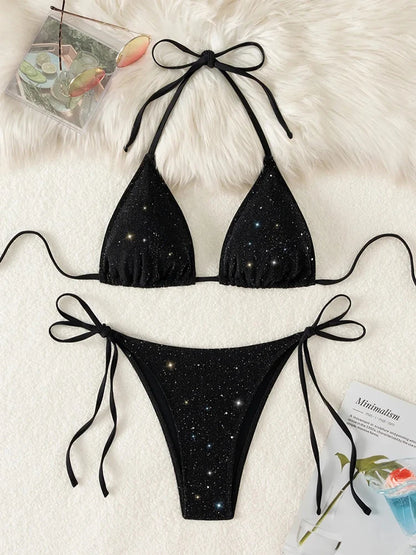 Swimwear Women Neck-mounted Bathing Suit Solid Glitter Bikini Set Lace Up Thong Summer Holiday Beachwear