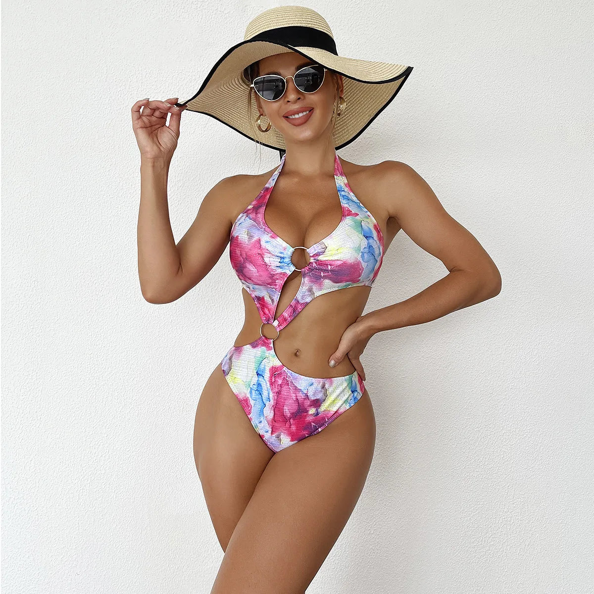 Print Tied Halter Swimwear Women Hollow Push Up One Piece Swimsuit Monokini Backless Beach Bathing Suit