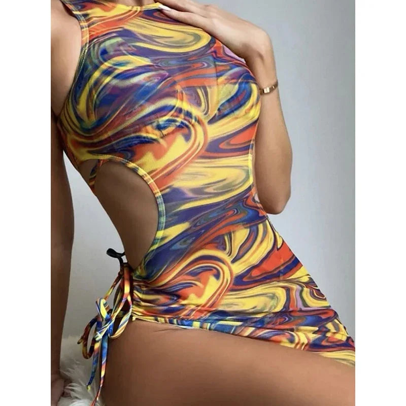Tie Dye Swimsuit Women Lace Up Bikini Suit Hollow Out Block Color Bathing Suit Three-pieces Swimwear Beachwear