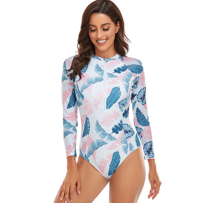 Womens Athletic One Piece Swimsuits Rashguard Long Sleeve Swimsuit Sports Surfing Swimwear Bathing Suits Printed Half Zipper XXL