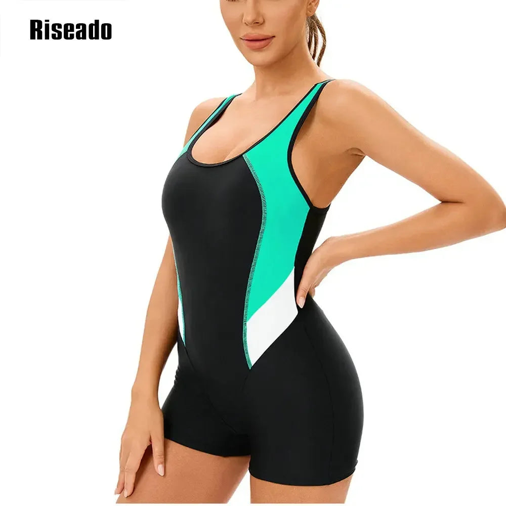 Women's Sport Beachwear One Piece Slimming Bathing Suit Splice Leg suit Korean Swimsuit for Pool Swimming