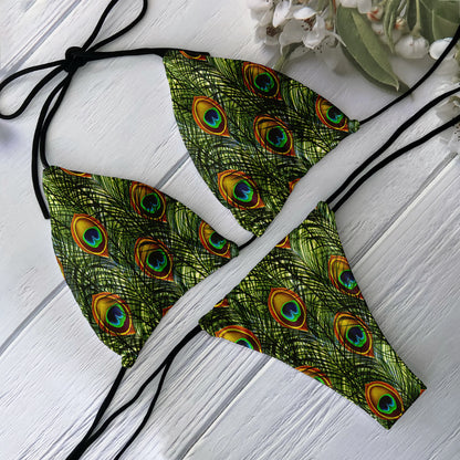 Fashion Ladies Bikini Set 3D Printed Peacock Feather Pattern Split Swimsuit Deep V Lace up Beach Vacation Surfing Swimsuit