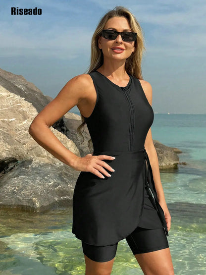 Women's Rash Guard Sleeveless One Piece Swimsuit Cover Up Sun Protection Zipper Front Bathing Suit with Skirt