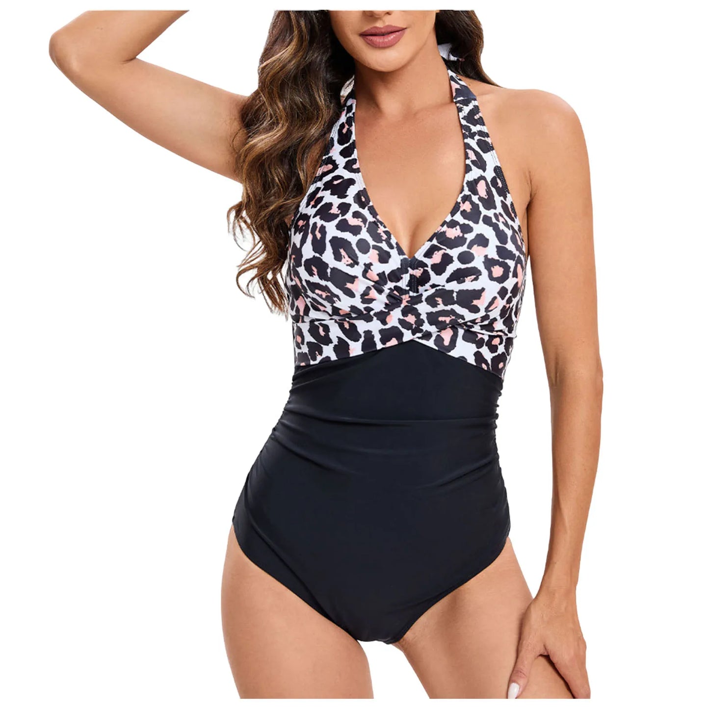 Tummy Control Swimsuit Summer Swimwear Women Biquini Cross Front Halter Neck Ruched Backless Color Block Bathing Suit