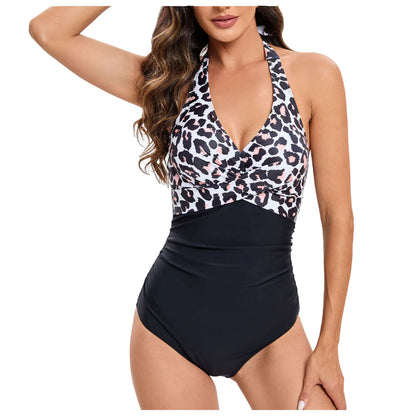 Tummy Control Swimsuit Summer Swimwear Women Biquini Cross Front Halter Neck Ruched Backless Color Block Bathing Suit