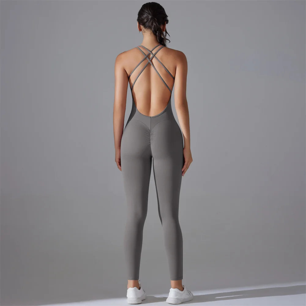 Plus Size S-XL Back V Bodysuits Sports Women Gym Rompers Yoga Set Scrunch Legging Workout One-Piece Jumpsuit Suit Active Wear
