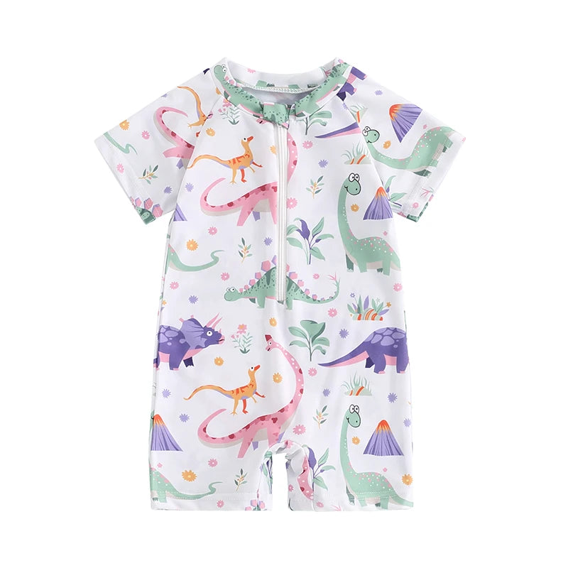 Baby Boy's Dinosaur Swimsuit Round Neck Half Zip Up Short Sleeve Rash Guard Swimwear Infant Toddler Bathing Suit 0-3T