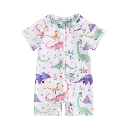 Baby Boy's Dinosaur Swimsuit Round Neck Half Zip Up Short Sleeve Rash Guard Swimwear Infant Toddler Bathing Suit 0-3T