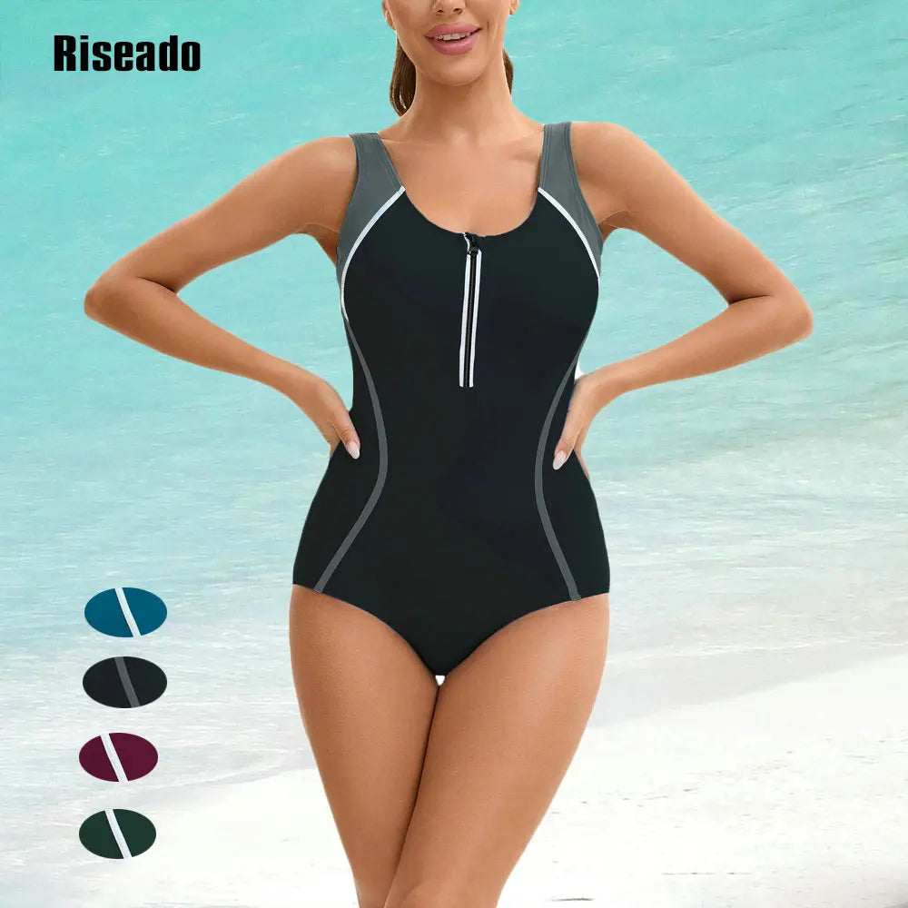 Women's One Piece Korean Swimsuit Sleeveless Conservative Bathing Suit Color Block Monokini for Girls