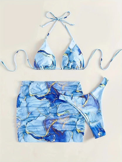 3 pieces Halter String Bikini Triangle Swimwear Female Beach Skirt Swimsuit Women Bathers Bathing Swimming Suit Beachwear