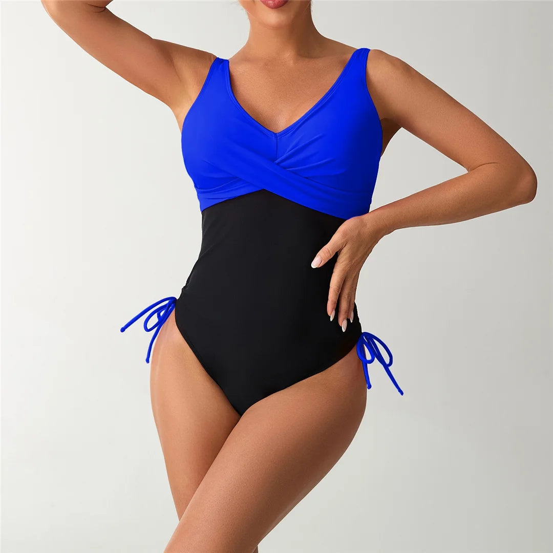 S - XXL Splicing V Neck Backless Women Swimwear One Piece Swimsuit Female High Leg Cut Padded Bather Bathing Suit Swim