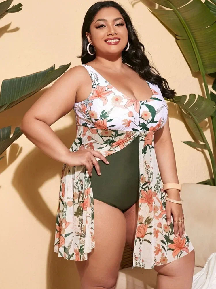 Plus Size Swim dress Swimwear Women Print Bikini One Piece Swimsuit Summer Beach Wear Bathing Suit Conservative Tankini 5XL