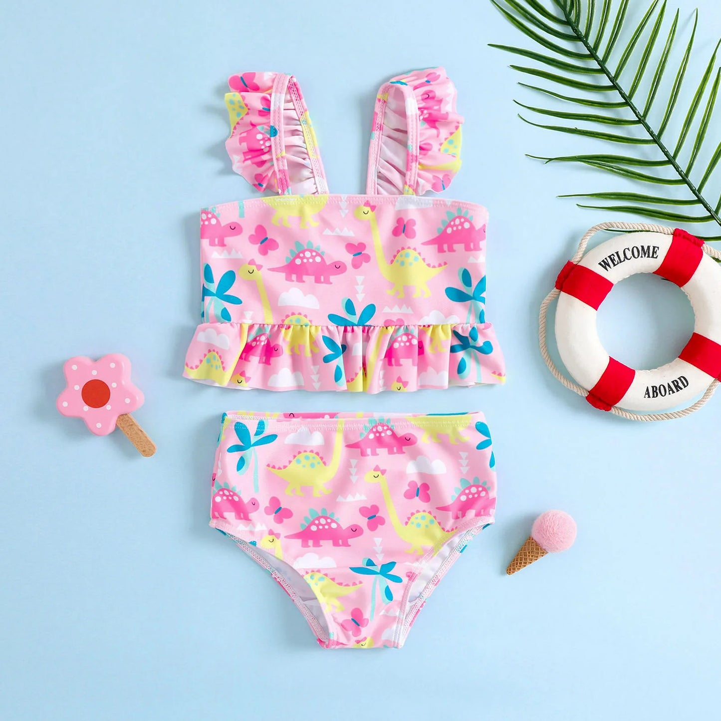 Girls Two-piece Swimsuit Bikini Baby Cute Cartoon Dinosaur Print Pink Tankini Set Toddler Swimwear Vacation Beachwear