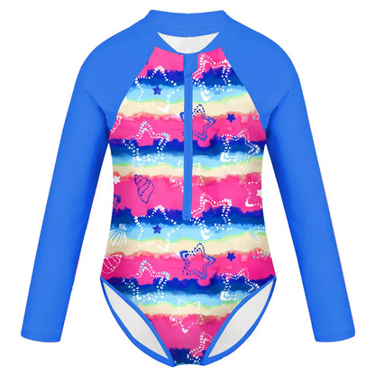 Kids Girls One-piece Swim Suits Brazilian Beachwear Long Sleeves Palm Printed Zippered Swimsuit Swimwear Bathing Suit Rash Guard