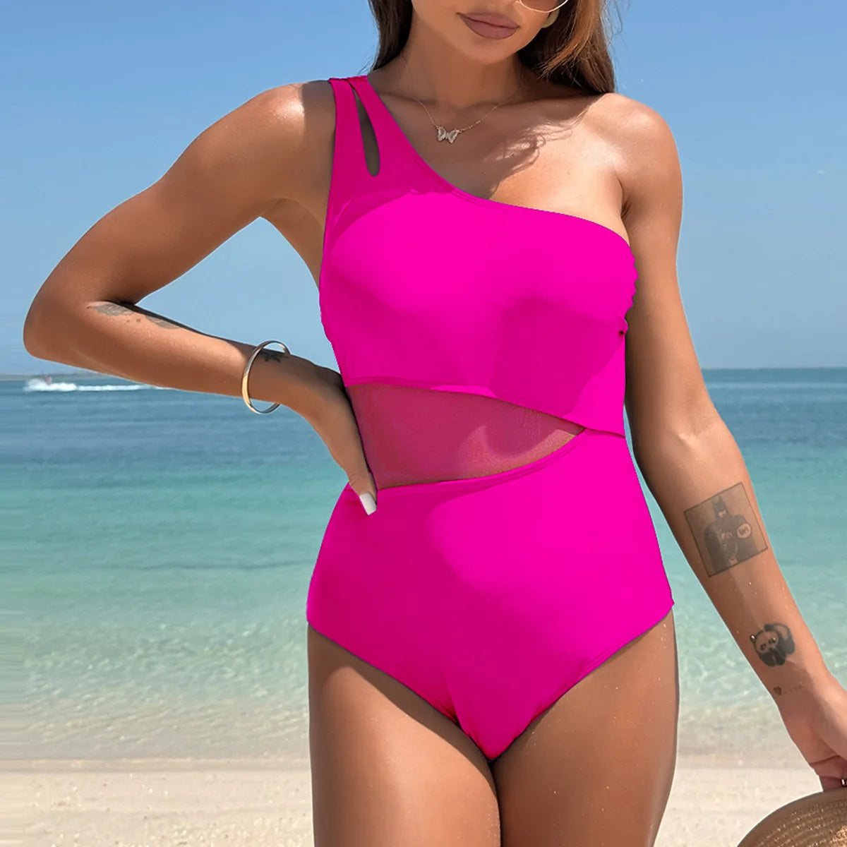 Fashion One Shoulder Swimwear Women Mesh Patchwork One Piece Swimsuit Pool Summer Women's Clothing Bathers