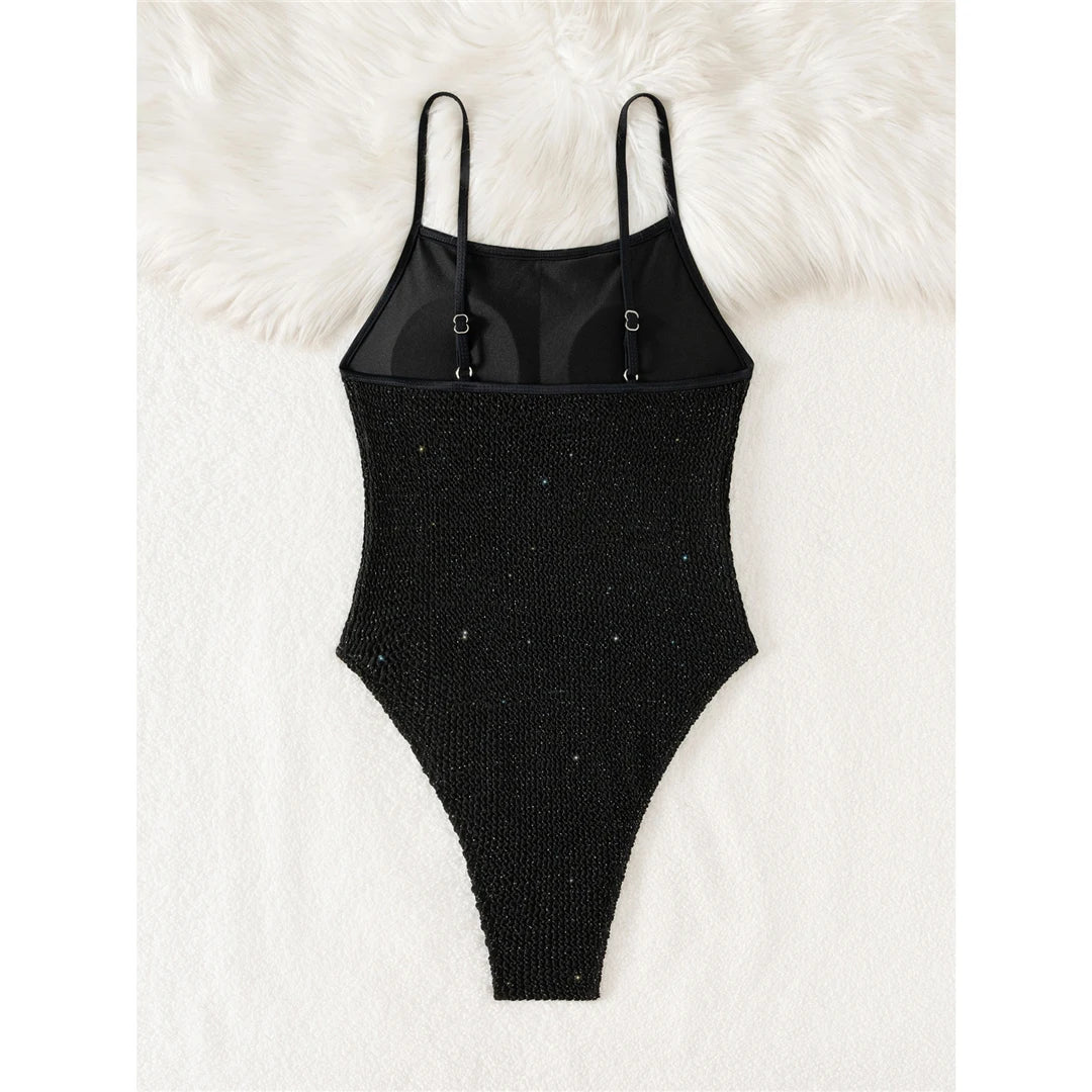 Wrinkled Crinkled Glitter Sparkling One Piece Swimsuit Women Swimwear Female High Cut Padded Bather Bathing Suit Swim