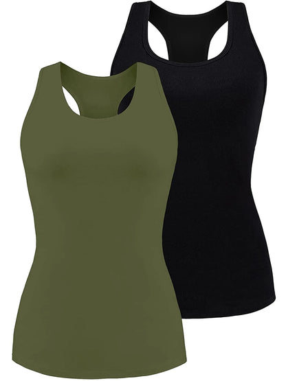 Attraco Women's Camisole 2PCS Cotton Solid with Build-in Shelf Bra Tank Tops U-Neck Soft Breathable Basic Sleepwear