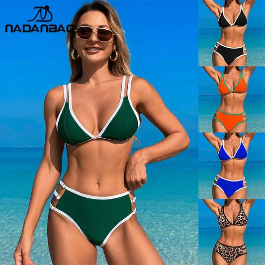 Women Bikini Two Piece Swimsuit Fashion V Neck High Waist Swimwear Female Beach Party Backless Bikini Sets