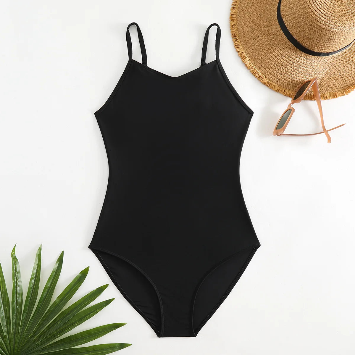 Girls' Black One Piece Swimsuit with Adjustable Straps