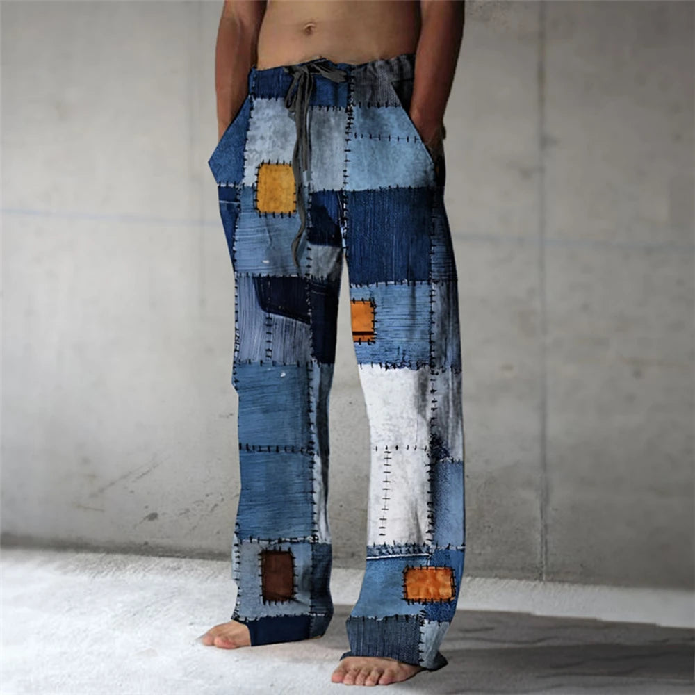 Plaid Color Block Men's Resort 3D Printed Casual Pants Trousers Elastic Waist Fit Straight-Leg Pant Summer Beach Pants 5XL