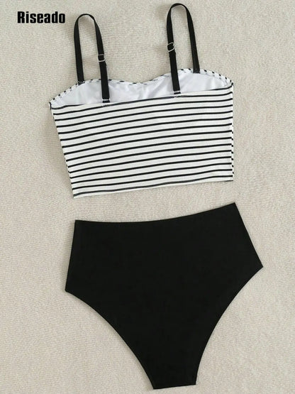Women's High Waist Bikini Set Striped Two-Piece Swimwear with Fashion Crop Top Summer Beach Swimsuits