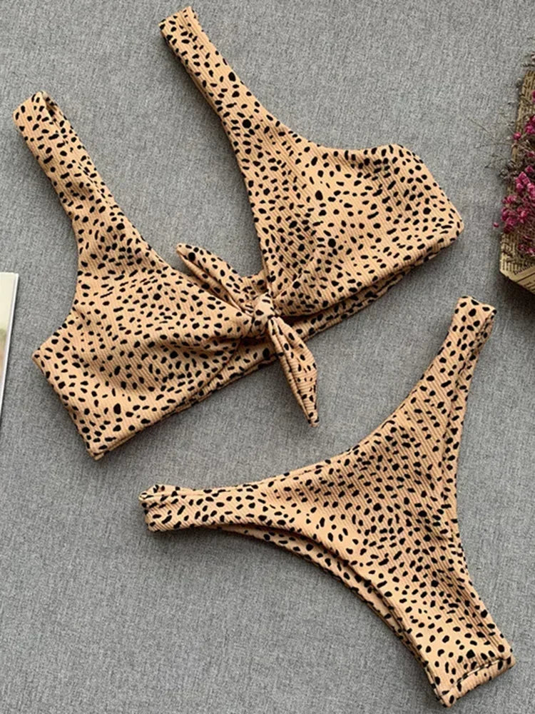 Ribbed Polka Dot Bikinis V-Bar Underwired Bikini Women Swimwear Female Swimsuit Two Pieces Bikini Set High Cut Bathing Suit Swim