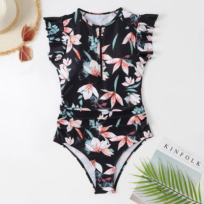 Nadanbao Sexy Bodysuit Swimsuit Women Floral Printing Fashion Swimwear Female Flounce Zipper Beach Party Surfing Beachwear